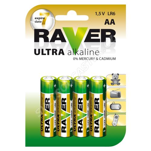 Alkalická baterie RAVER LR6 (AA), 4 ks v blistru