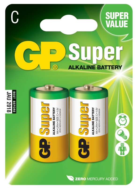 Levně Alkalická baterie gp super lr14 (c), 2 ks v blistru
