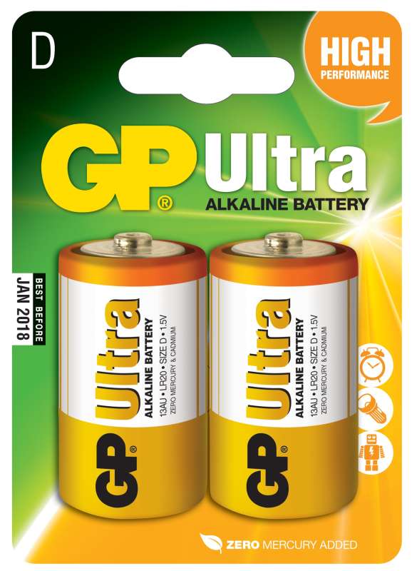 Alkalická baterie GP Ultra LR20 (D), 2 ks v blistru