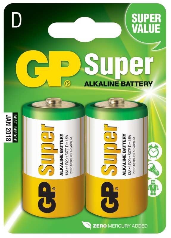 Levně Alkalická baterie gp super lr20 (d), 2 ks v blistru