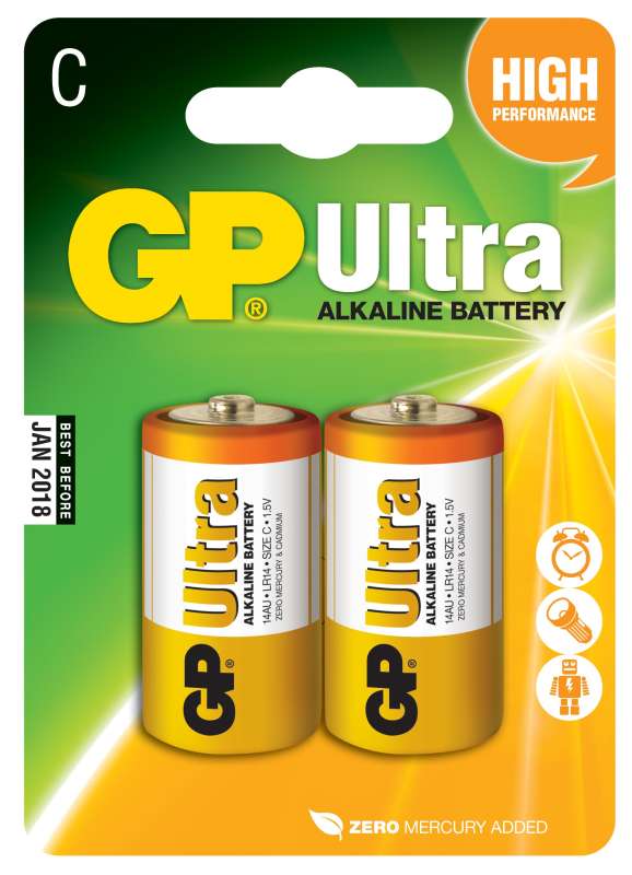 Levně Alkalická baterie gp ultra lr14 (c), 2 ks v blistru